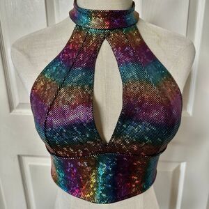 Vinyl Dolls Metallic Rainbow Halter Crop Top – Keyhole Front, Tie Back, Small